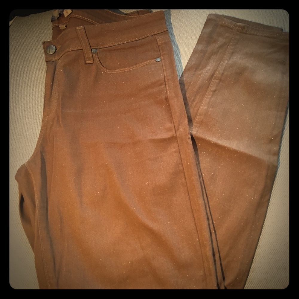 Paige Wax Coated & Glittery Tan Pants Size 31